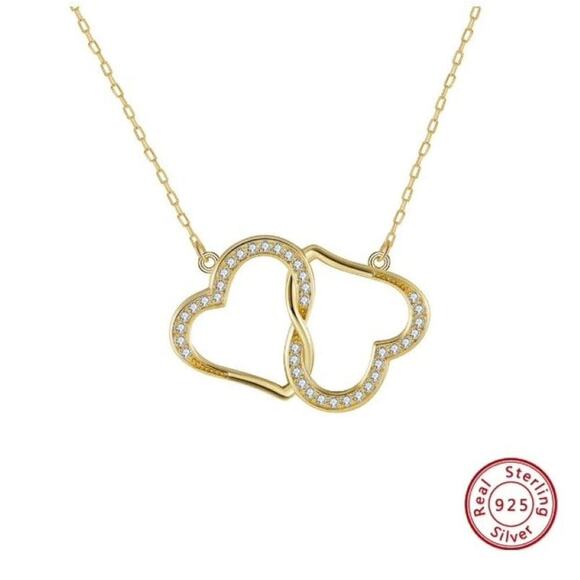 Rinntin Jewelry - Sterling Silver Two Hearts Bonded Together Pendant Necklace | 925 Silver & CZ